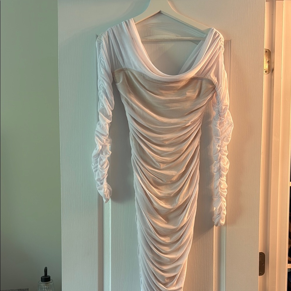 Fashion Nova White Long Sleeve Ruched Dress
